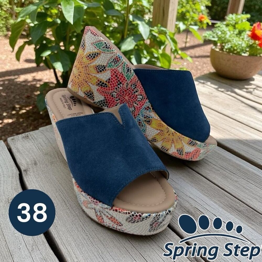 Spring Step Women's Laylani Suede Leather Floral Wedge Slide Sandals Blue Sz 38